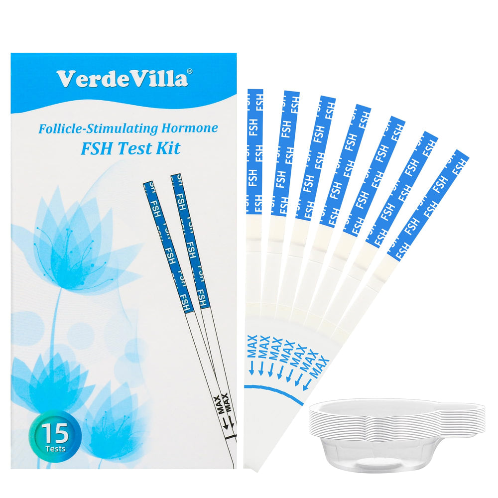 VerdeVilla menopause test strip set for at-home FSH monitoring.