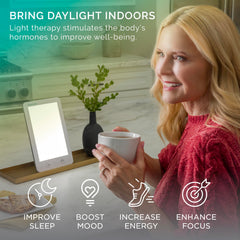 Verilux HappyLight Lumi Plus desk setup shows portable brightness for focused work