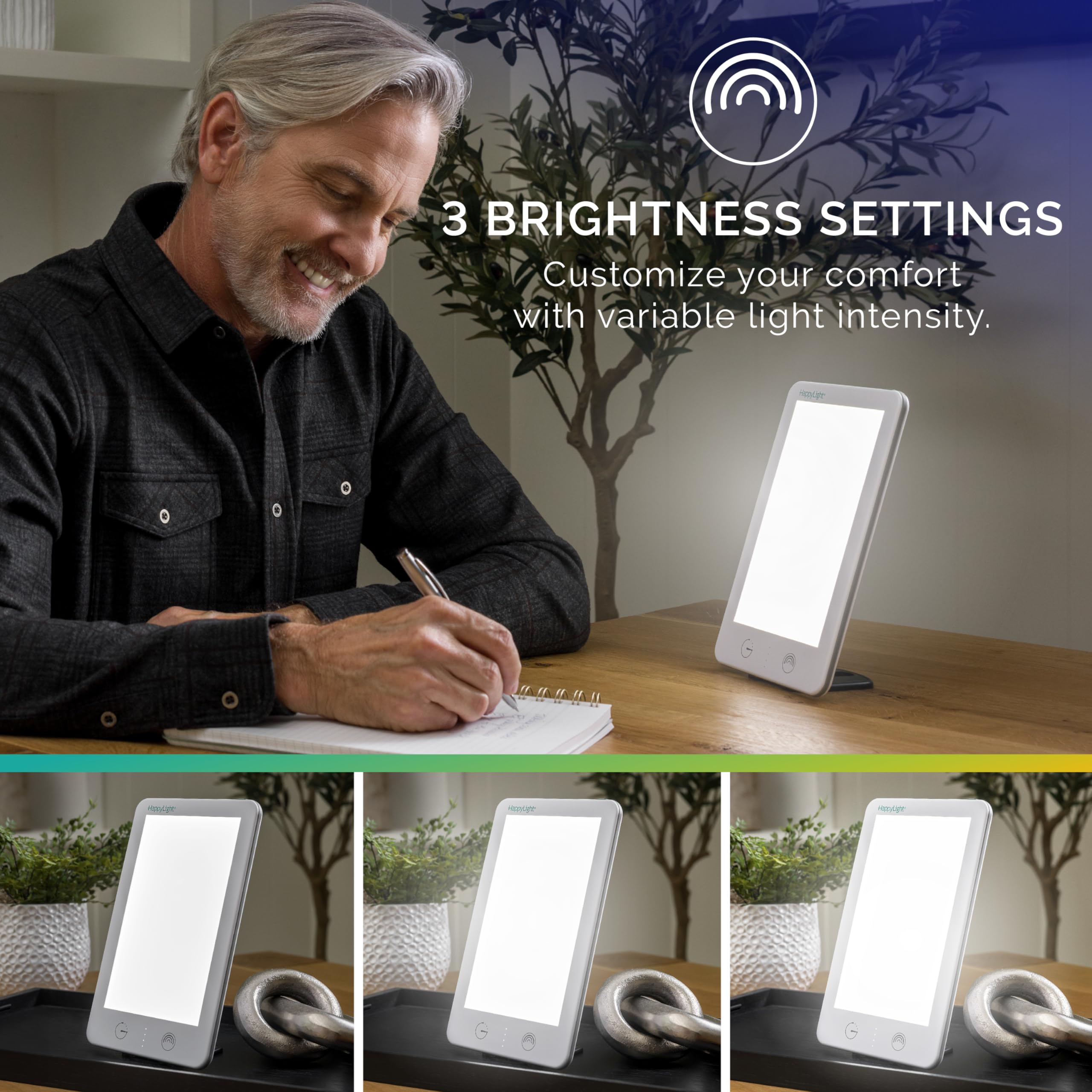 Verilux HappyLight Lumi Plus tilt angle demonstrates adjustable brightness for personalized sessions