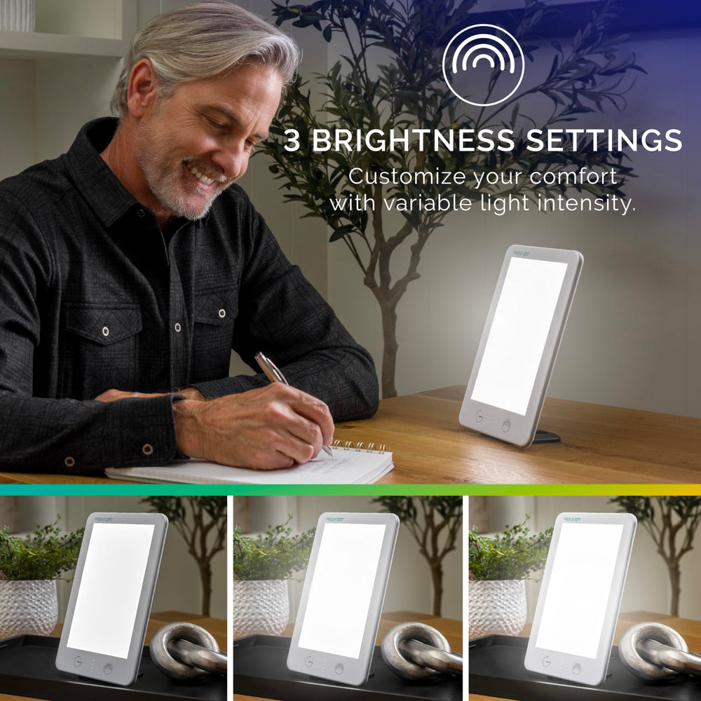 Verilux HappyLight Lumi Plus tilt angle demonstrates adjustable brightness for personalized sessions