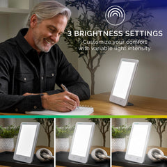 Verilux HappyLight Lumi Plus tilt angle demonstrates adjustable brightness for personalized sessions