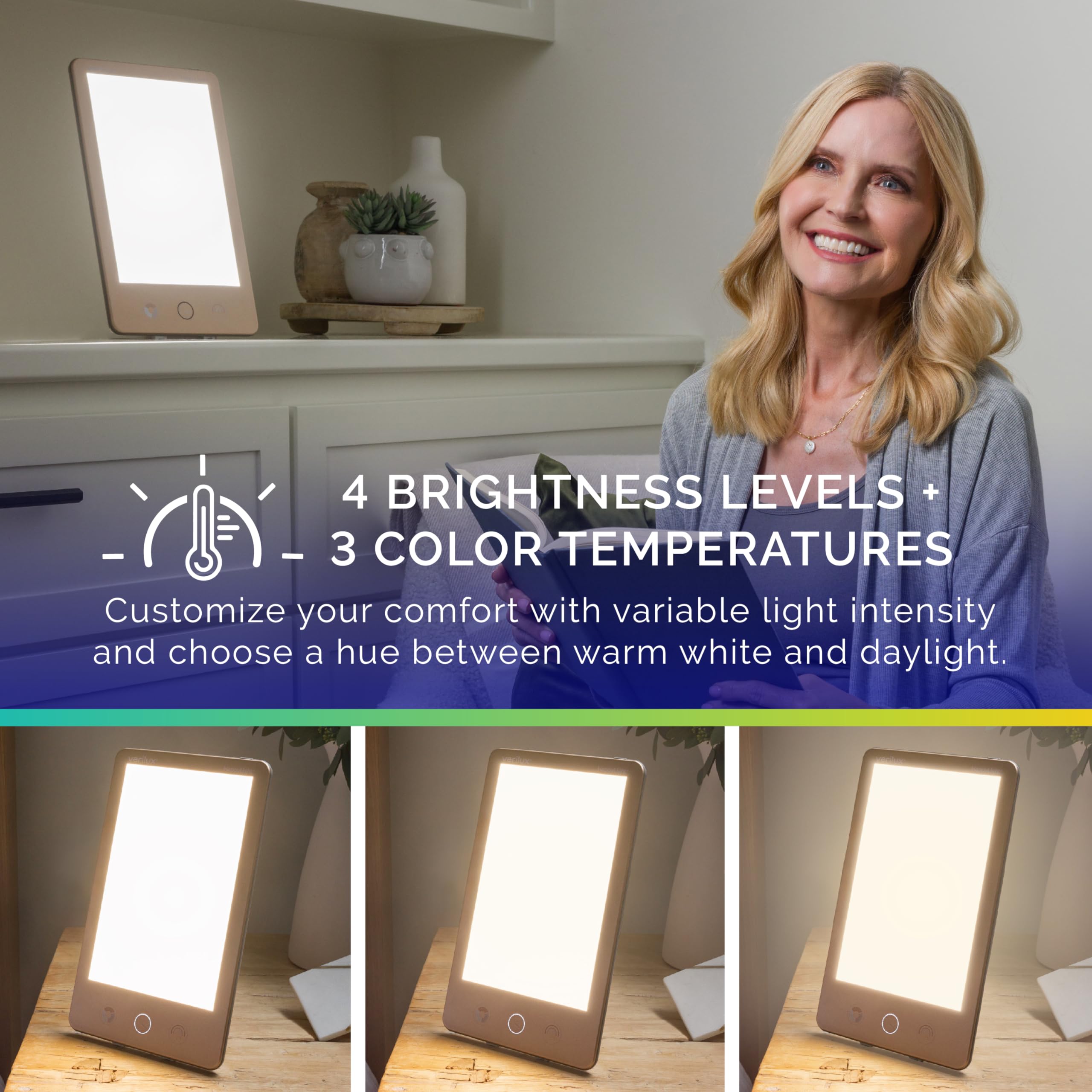 Verilux HappyLight Luxe brightness and color temperature controls for tailored light.