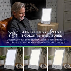 Verilux HappyLight Luxe brightness dials enabling quick, personalized light levels.