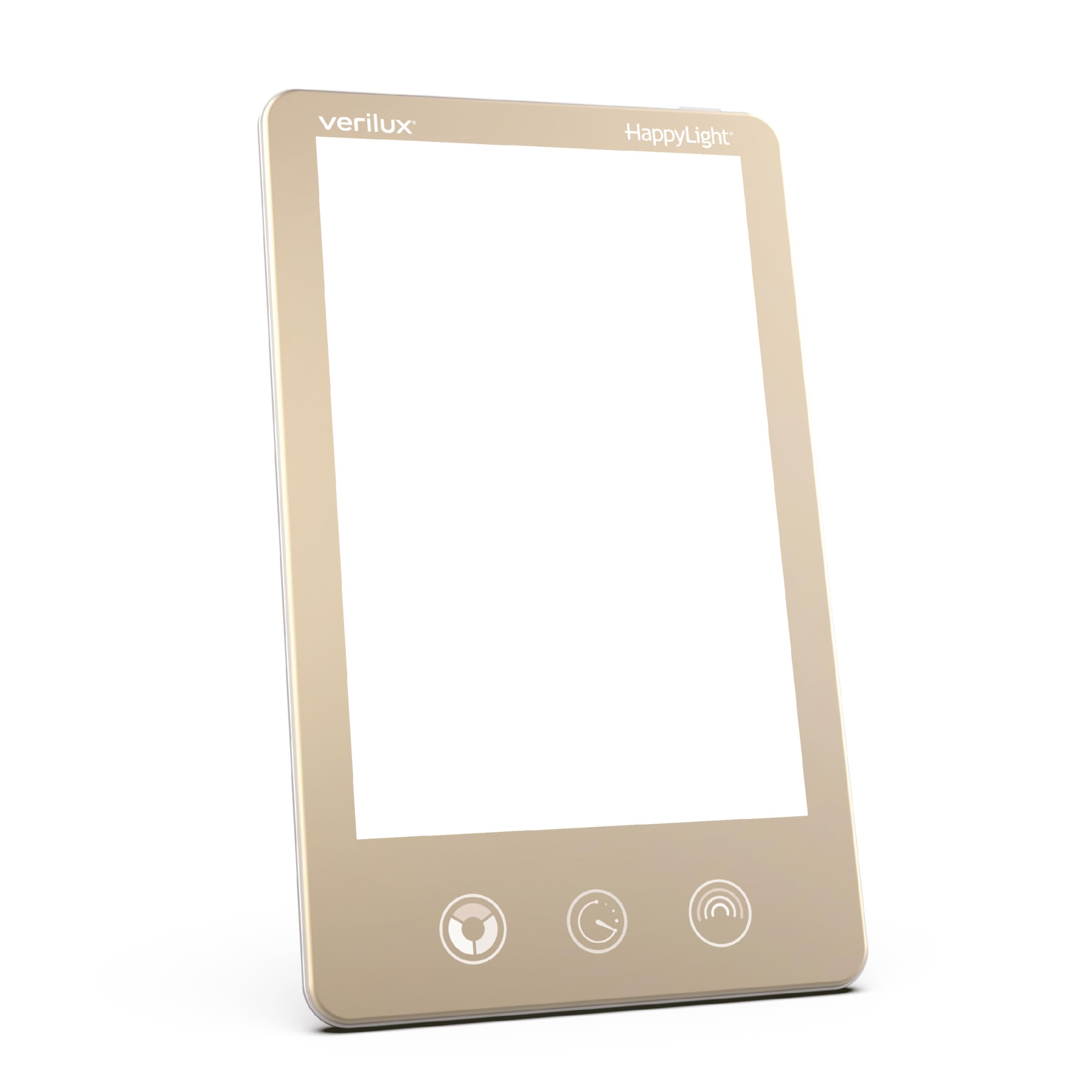 Verilux HappyLight Luxe front view in champagne gold with mood-friendly brightness.