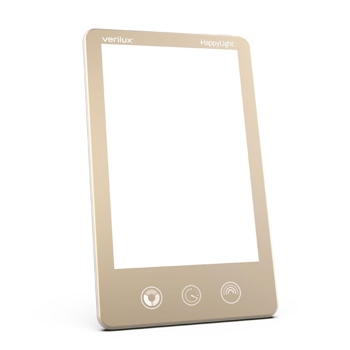 Verilux HappyLight Luxe front view in champagne gold with mood-friendly brightness.