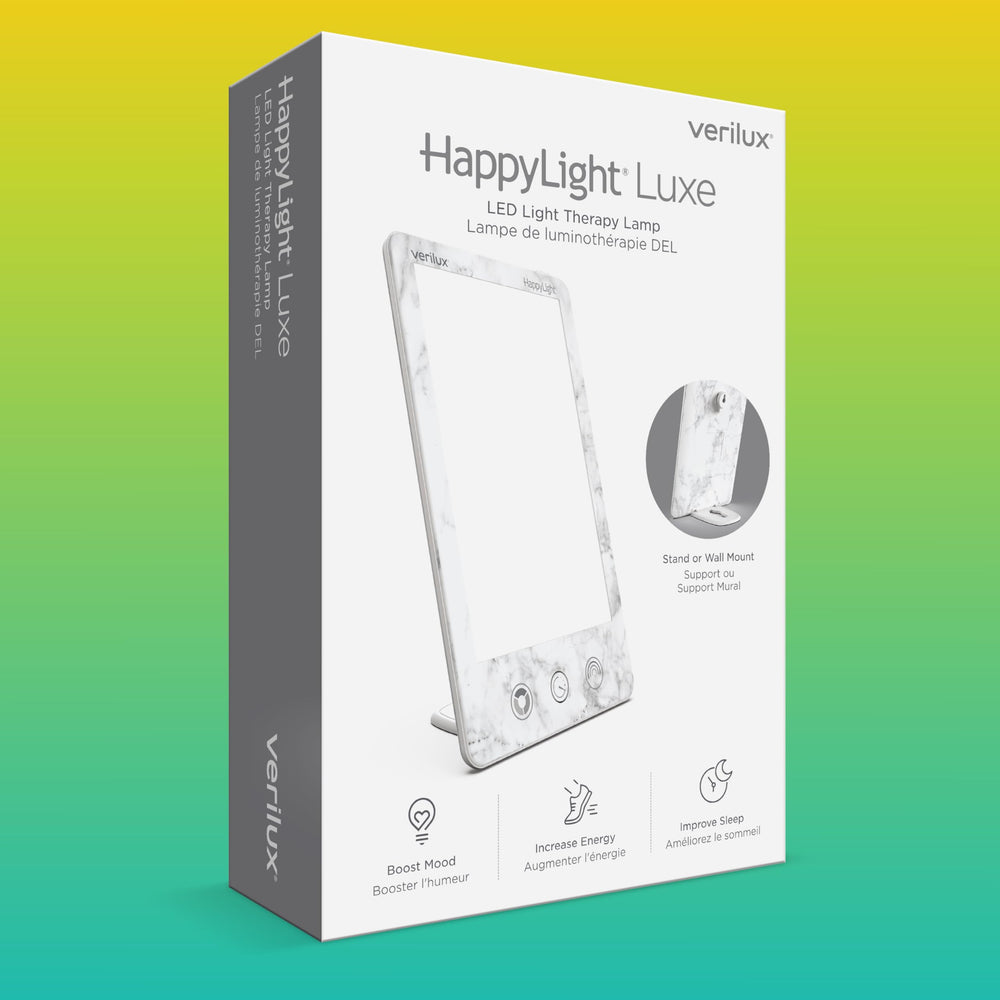 Verilux HappyLight Luxe packaging highlights portability and quick setup