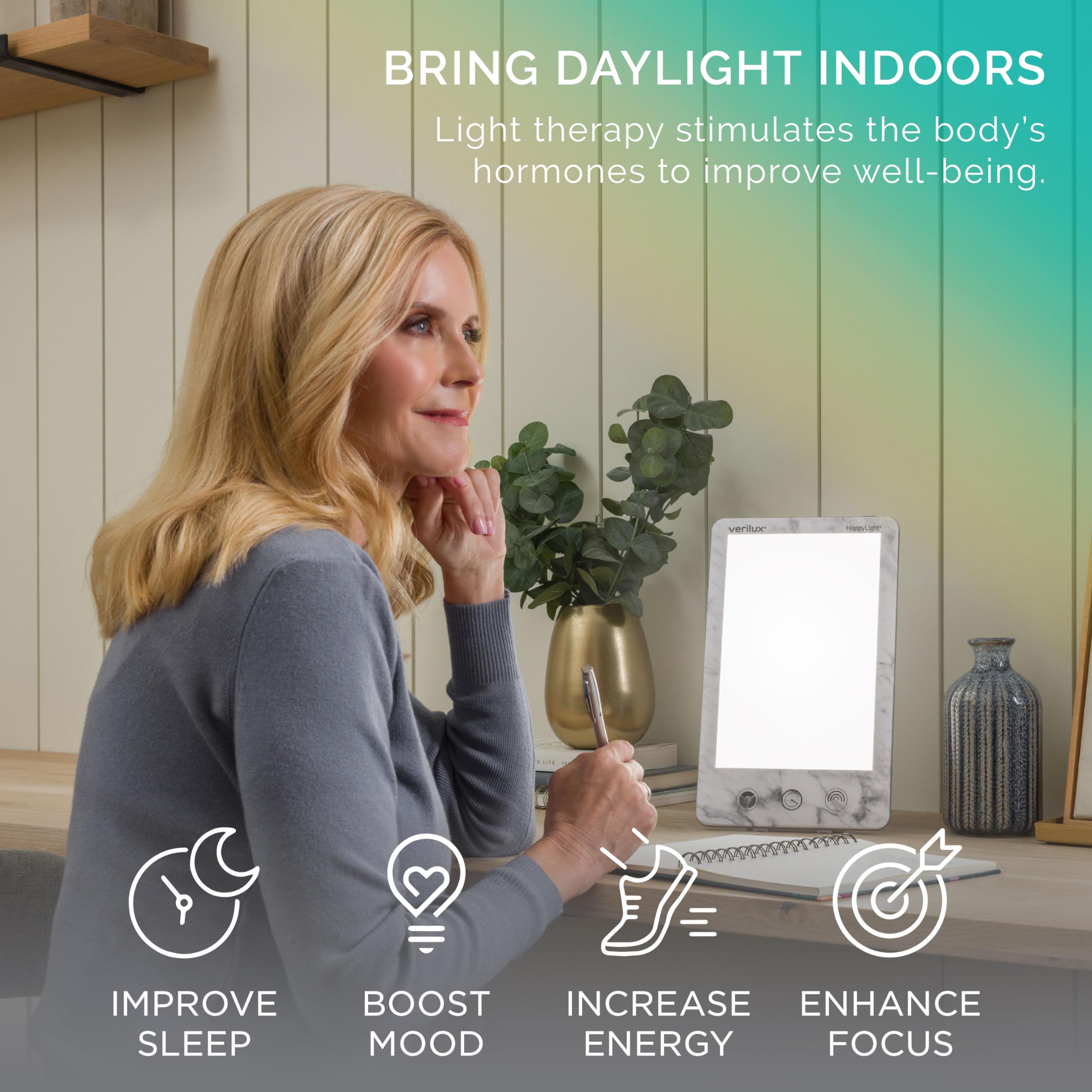 Verilux HappyLight Luxe turned-on panel with warm white light for focus