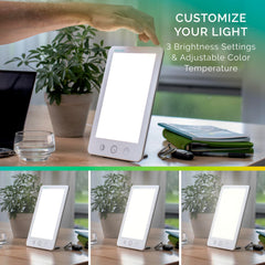 Verilux HappyLight Touch Plus shows full brightness and color temperature settings.