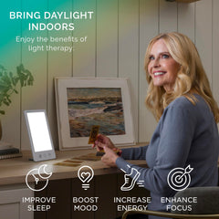 Adjustable tilt stand for precise light coverage with Verilux HappyLight Touch Plus.