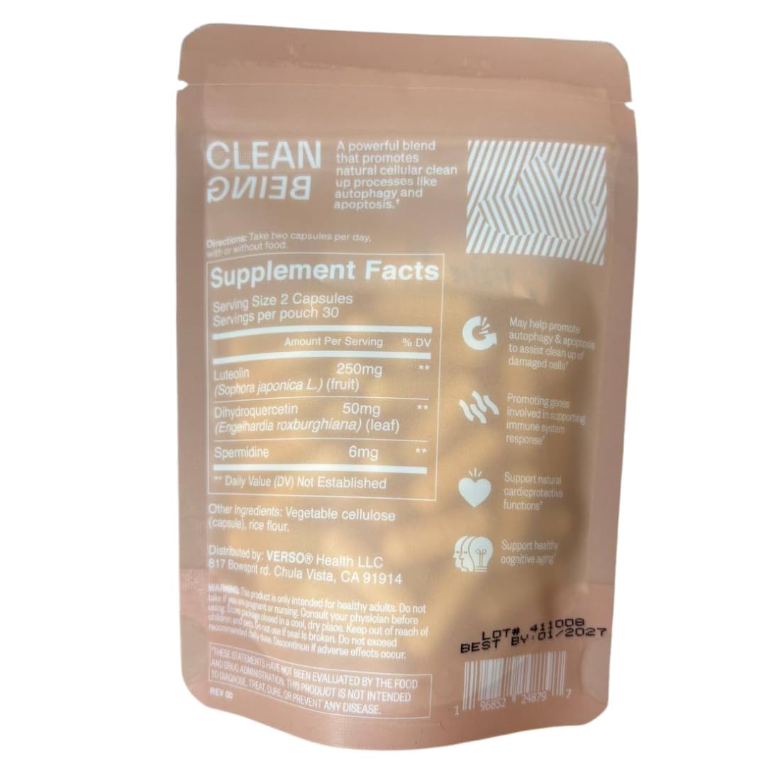 Verso Clean Being luteolin and dihydroquercetin ingredients close-up highlight antioxidant partners.