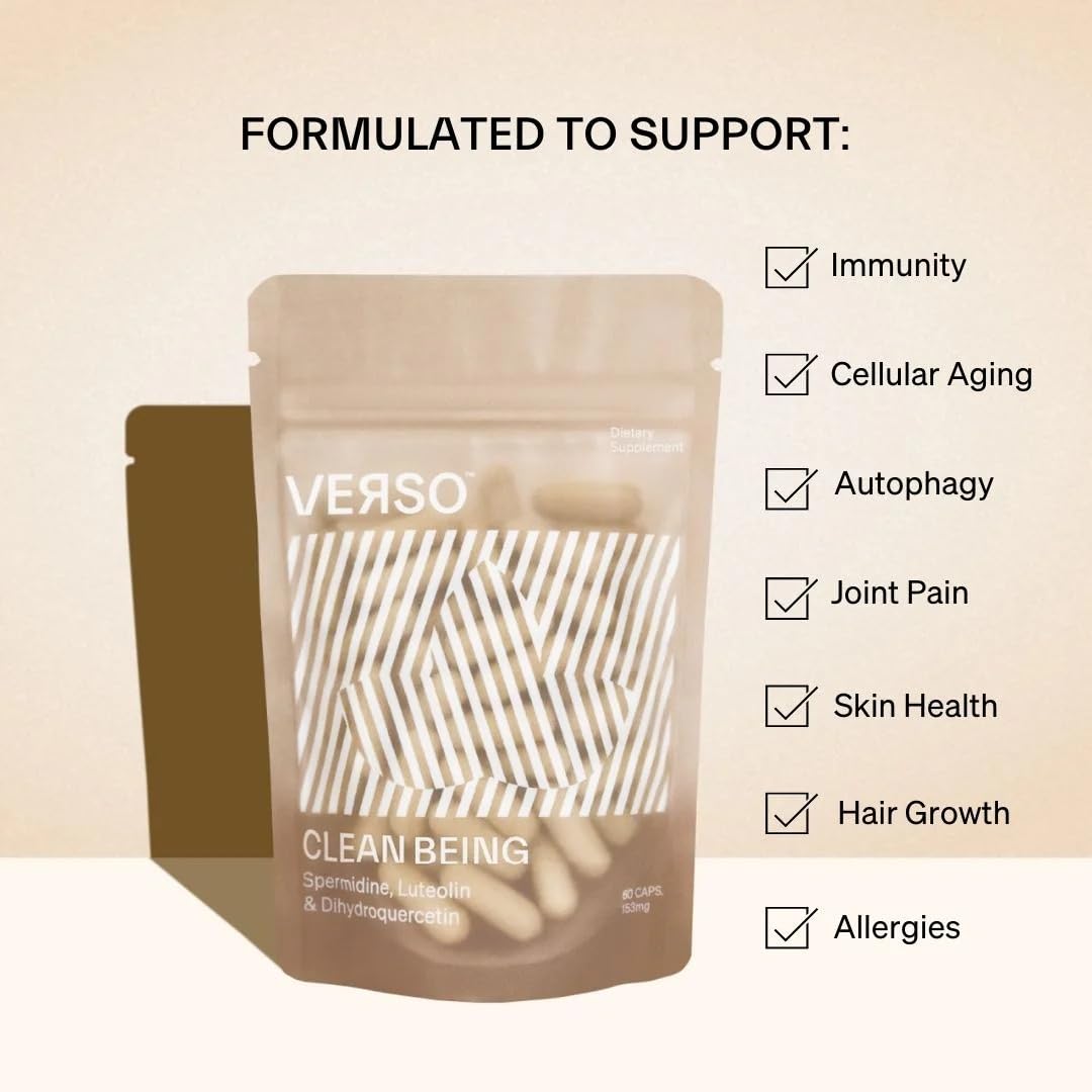 Verso Clean Being vegan senolytic molecules packaging emphasizes plant-based capsule formula.