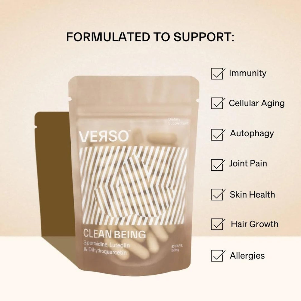 Verso Clean Being vegan senolytic molecules packaging emphasizes plant-based capsule formula.
