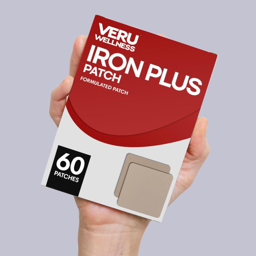Veru Wellness Iron Plus patch on arm demonstrates discreet, on-skin iron delivery.