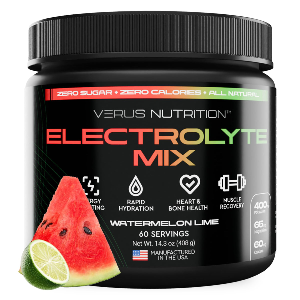 VERUS NUTRITION Electrolytes Powder Watermelon Lime bottle for refreshing hydration