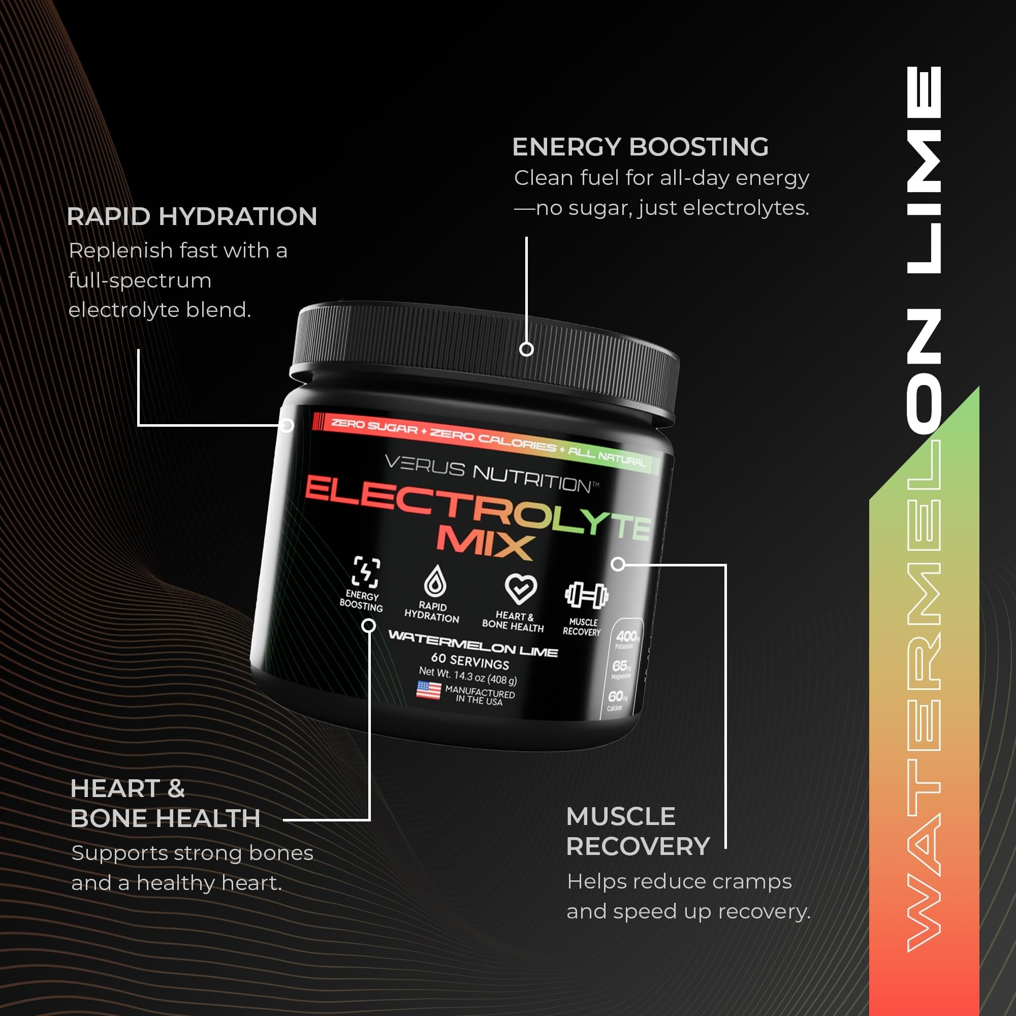 VERUS NUTRITION Electrolytes Powder Watermelon Lime measuring scoop