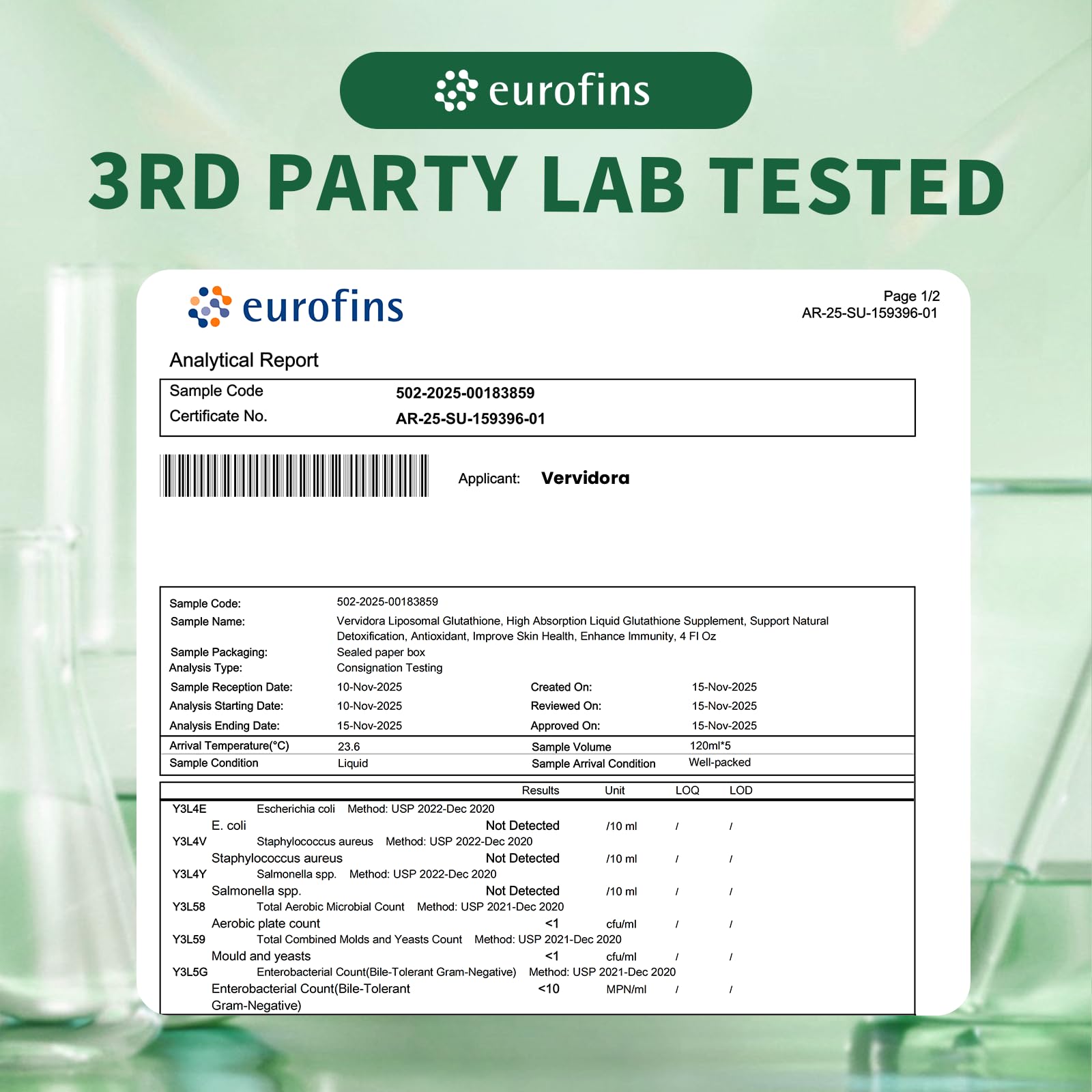 Vervidora liposomal glutathione label close-up with branding.