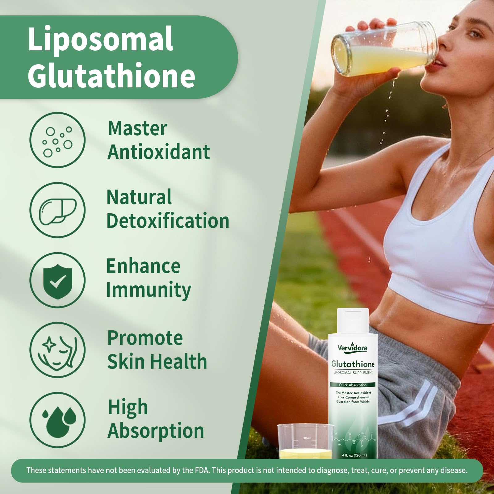 Vervidora liposomal glutathione pouring into a glass for easy intake.