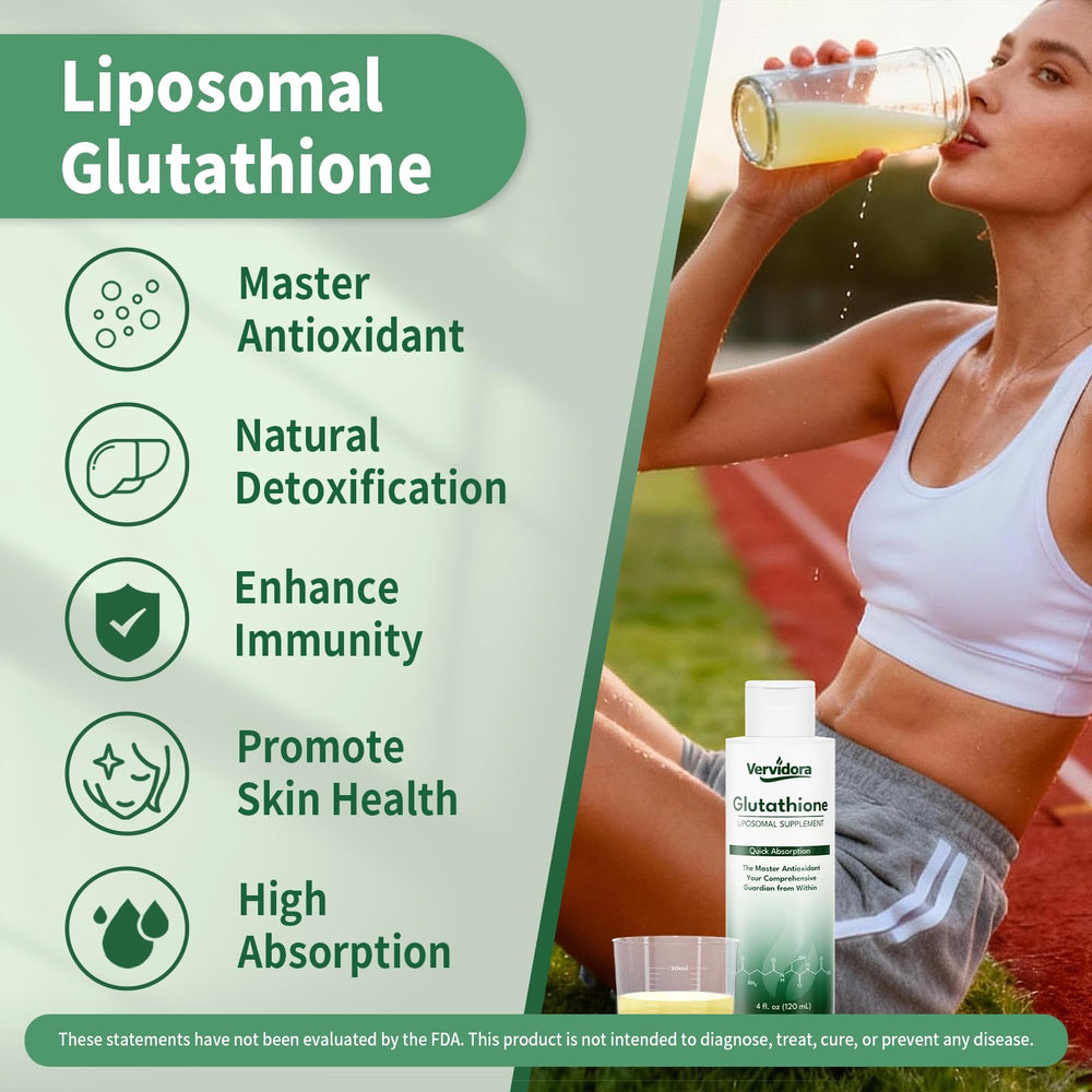 Vervidora liposomal glutathione pouring into a glass for easy intake.
