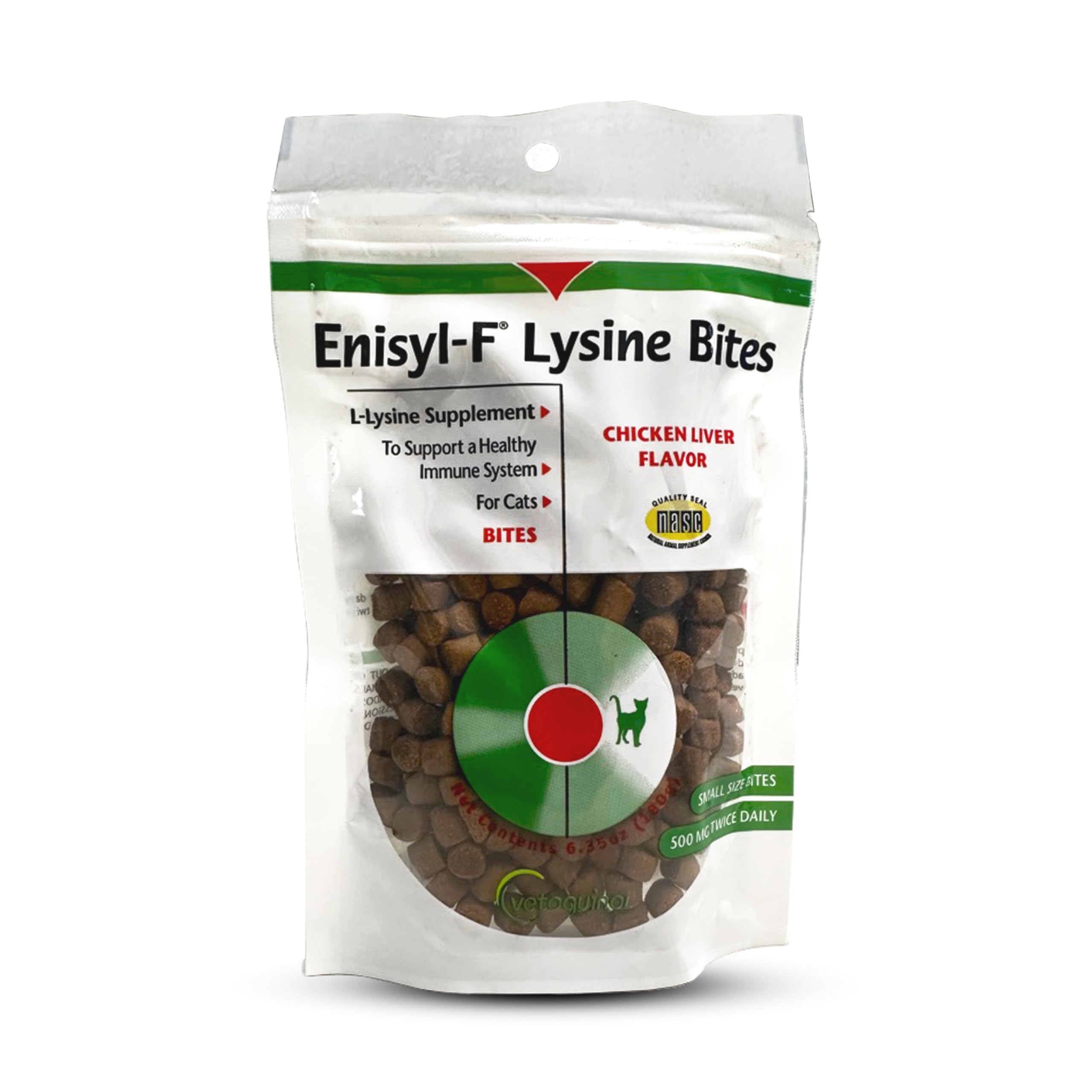 Vetoquinol Enisyl-F Lysine Bites bag front shows packaging and reliability