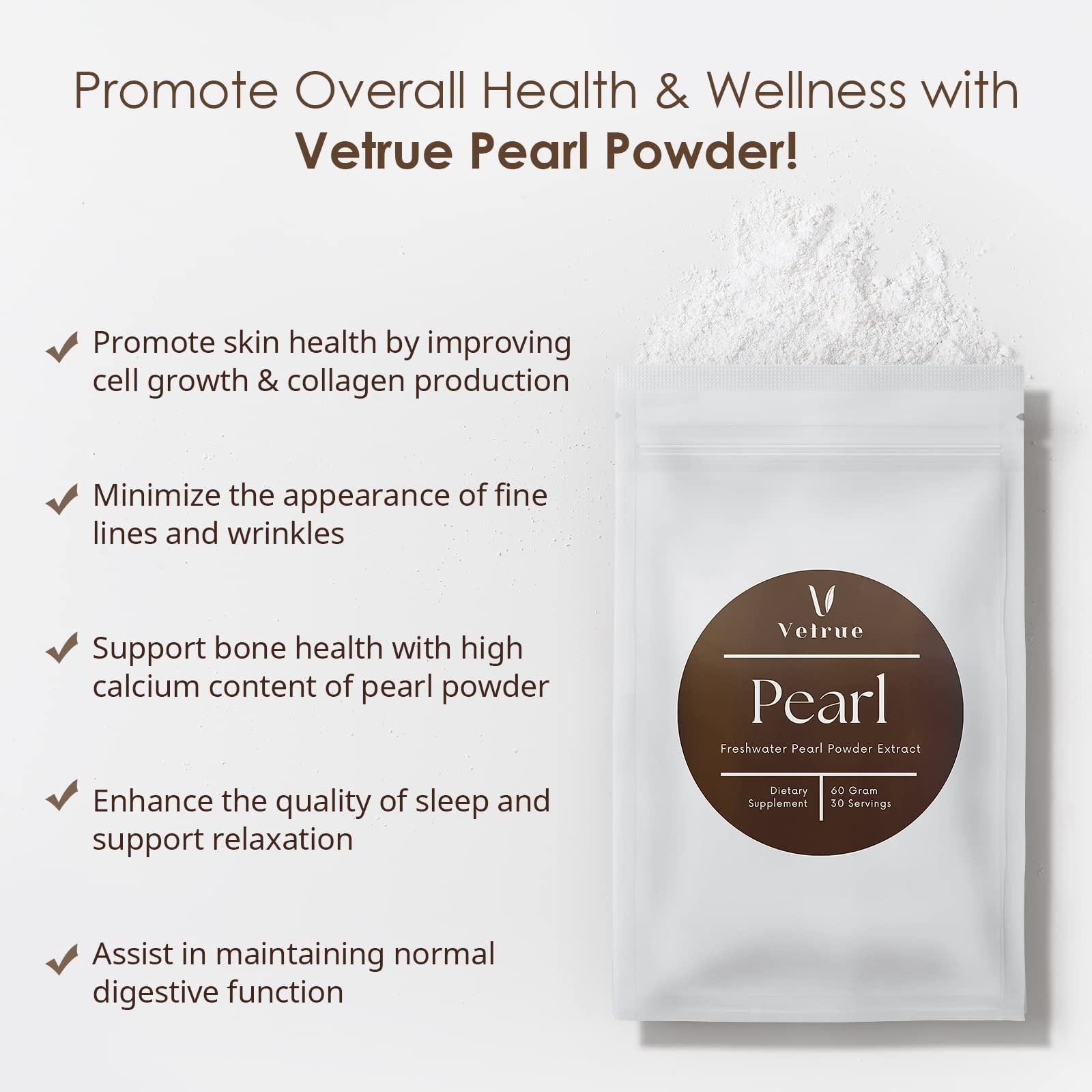 Vetrue Pure Pearl Powder scoop showing precise 2 g servings for beverages