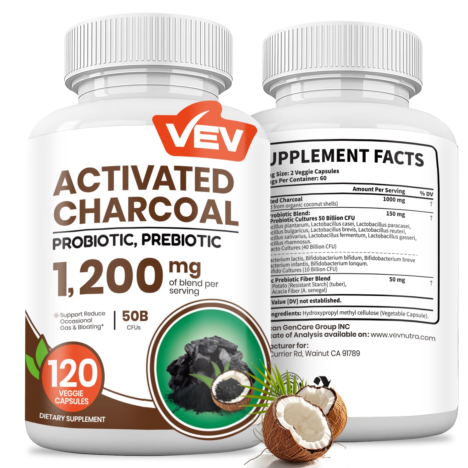 VEV activated charcoal bottle shows organic coconut charcoal for digestive balance