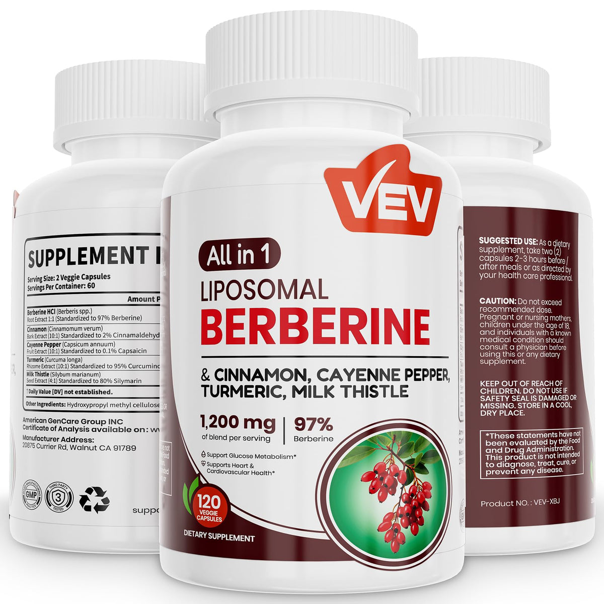 VEV Berberine capsules bottle for daily wellness routine