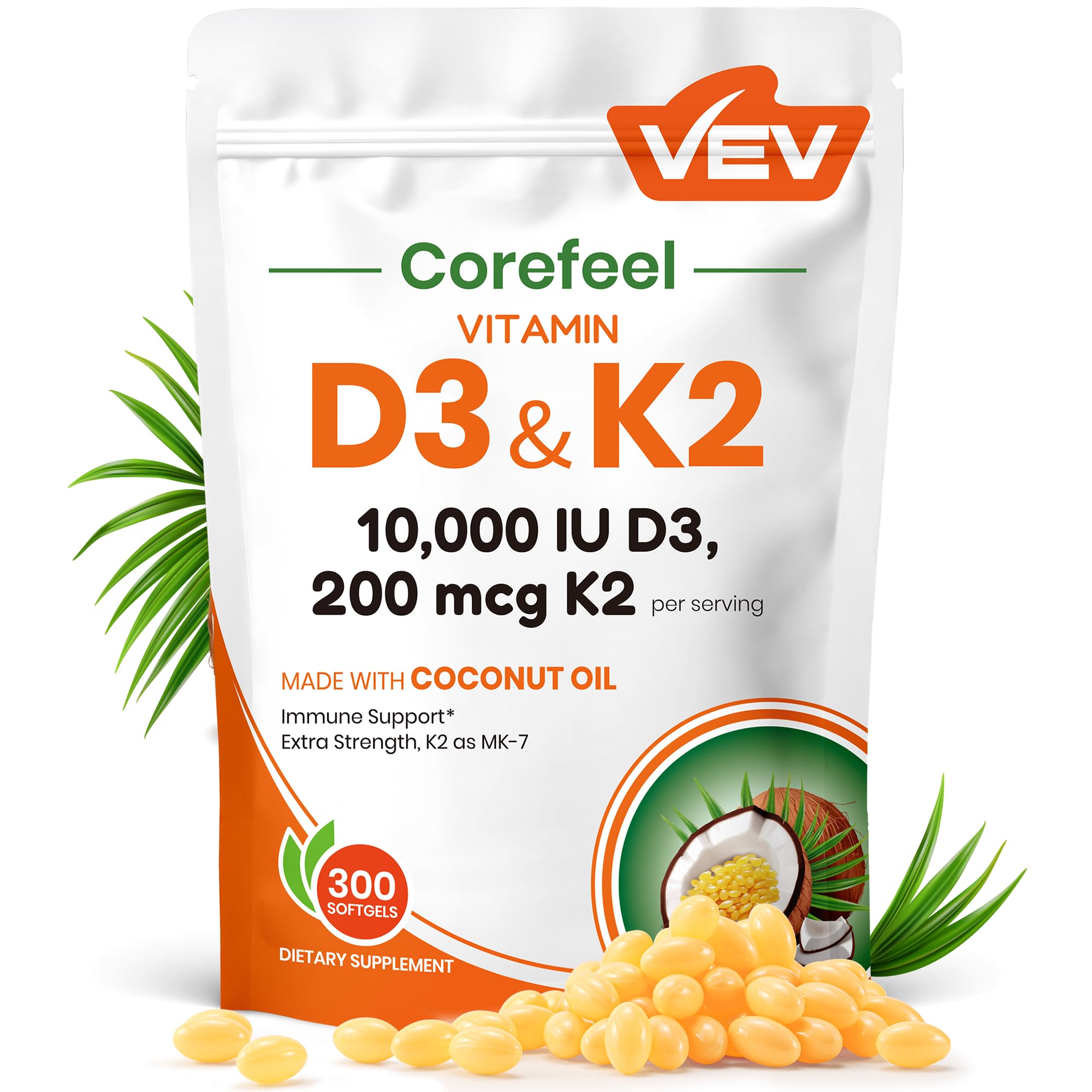 VEV Corefeel D3 K2 softgels bottle for high-potency bone support