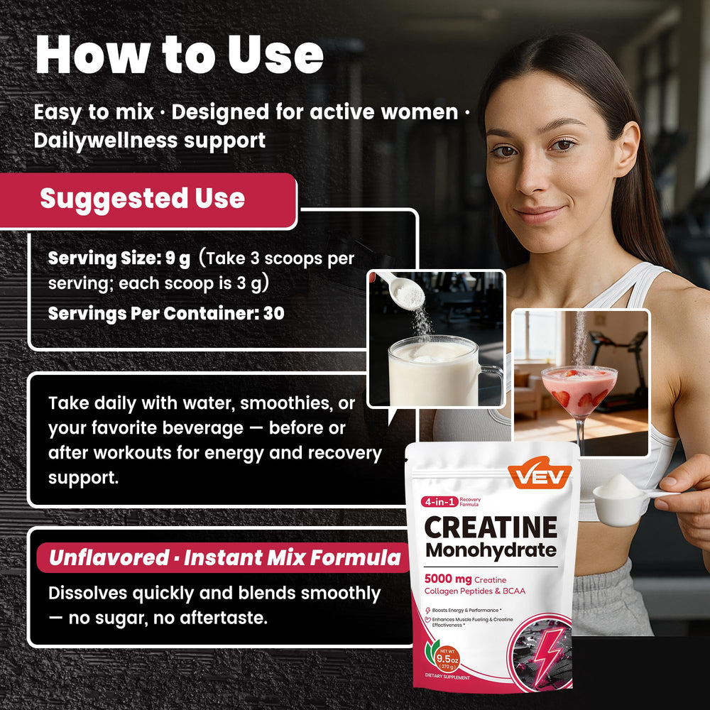 Box of VEV Creatine with clear ingredient highlights for active lifestyles
