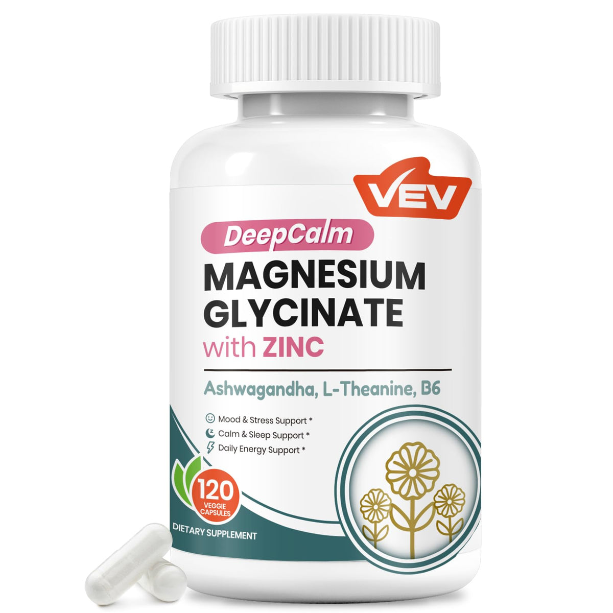 VEV DeepCalm bottle front showing the product for daily balance and calm focus.