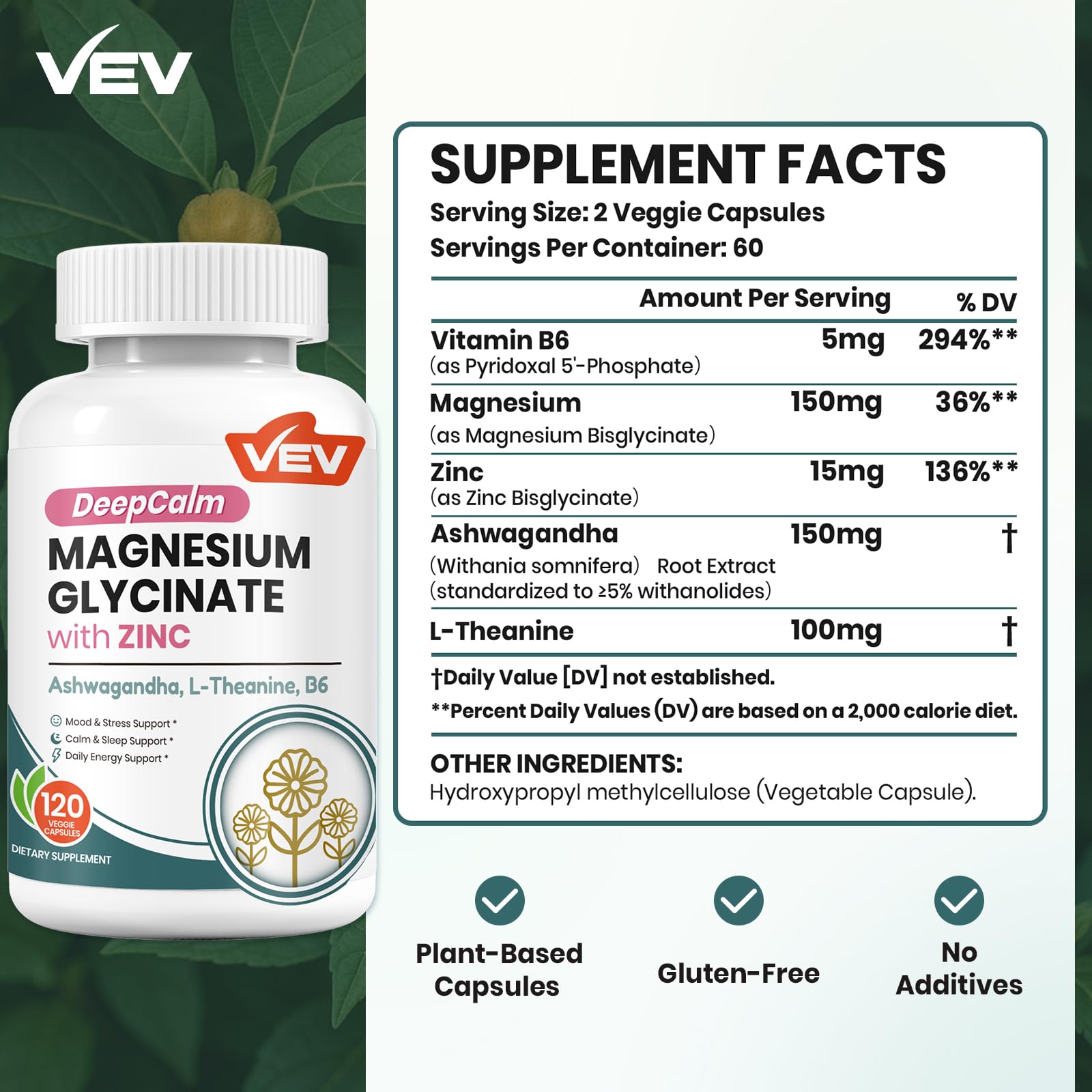 VEV DeepCalm bottle label closeup highlighting the magnesium glycinate and zinc formula.