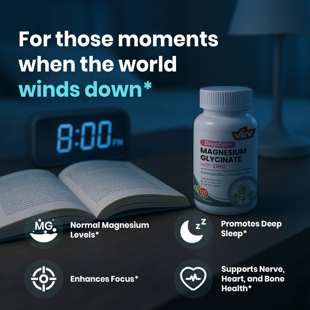 VEV DeepCalm set in an evening routine suggesting two capsules before bed.