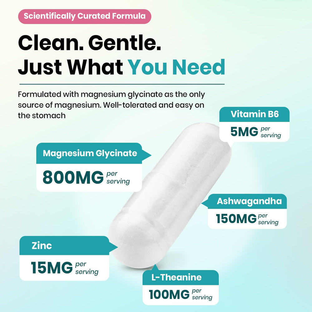 VEV DeepCalm ingredients graphic featuring magnesium, zinc, B6, L-Theanine, and ashwagandha.