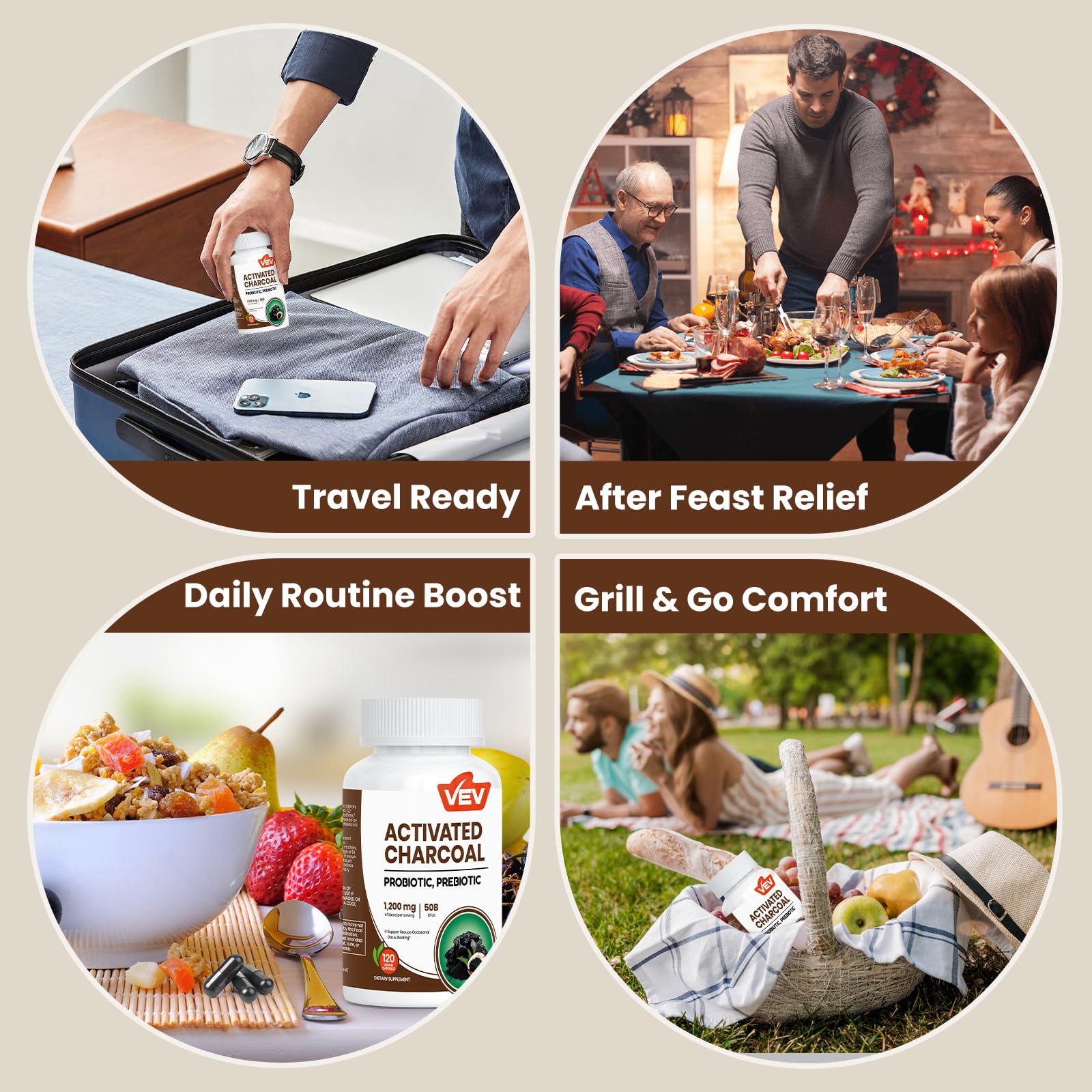 VEV digestive wellness scene with bottle and glass suggests routine care