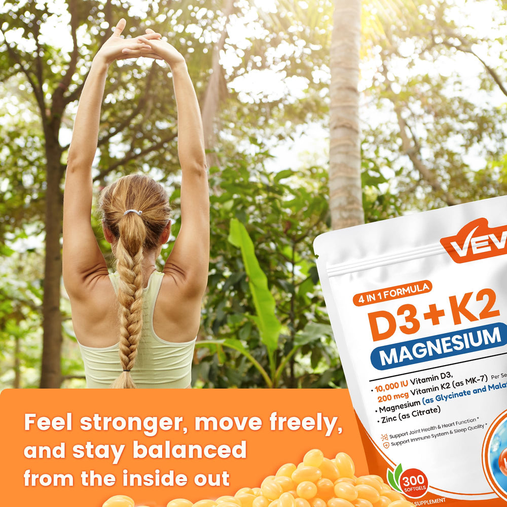 Clear label shows vegan D3 K2 ingredients and benefits.