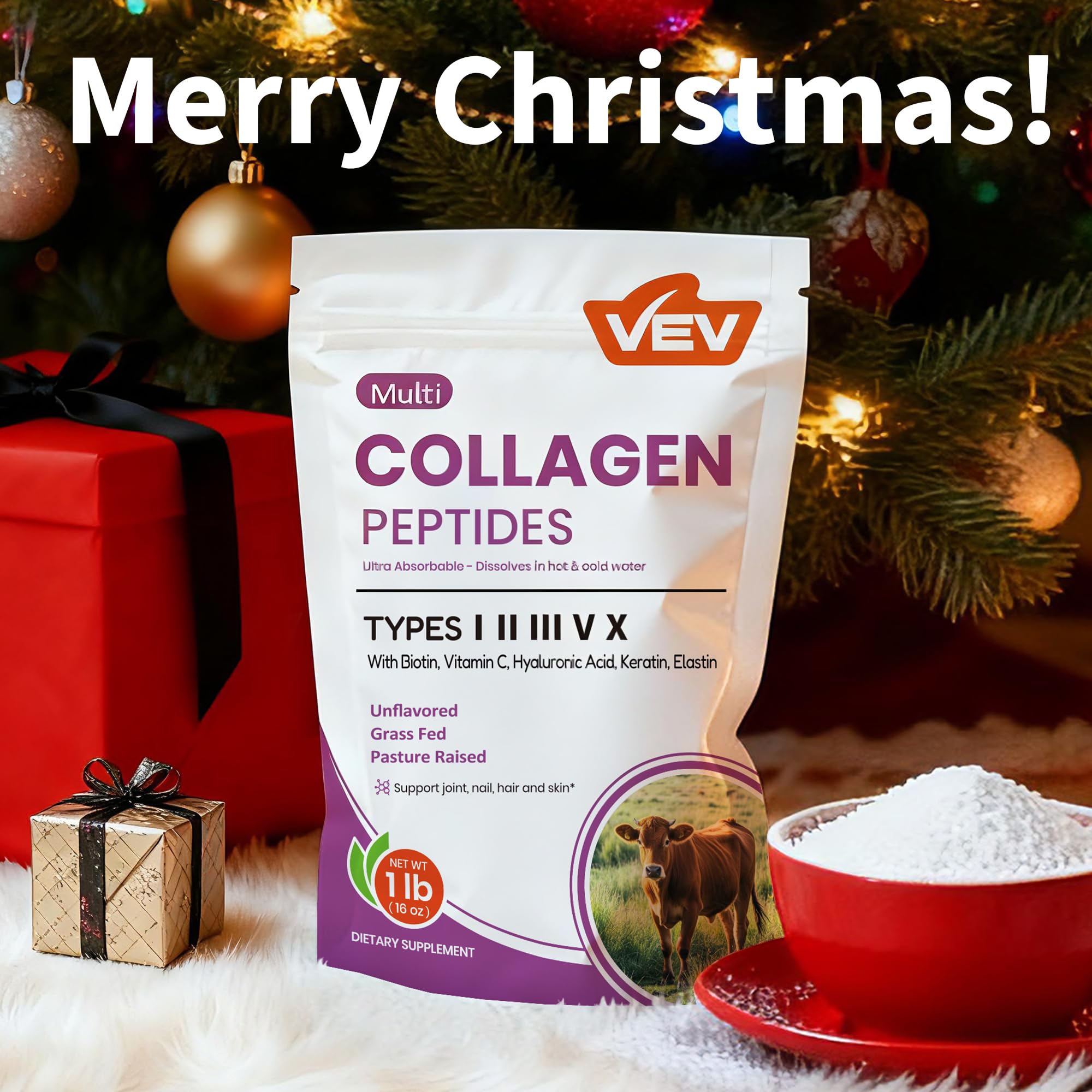 VEV collagen powder stirred into coffee for a seamless addition