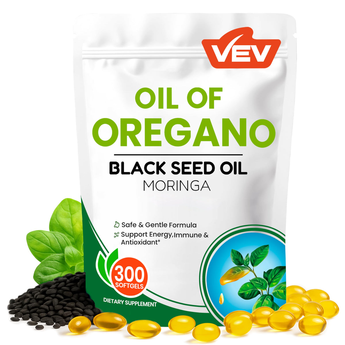 VEV Oil of Oregano bottle with black seed moringa for everyday wellness and convenience.