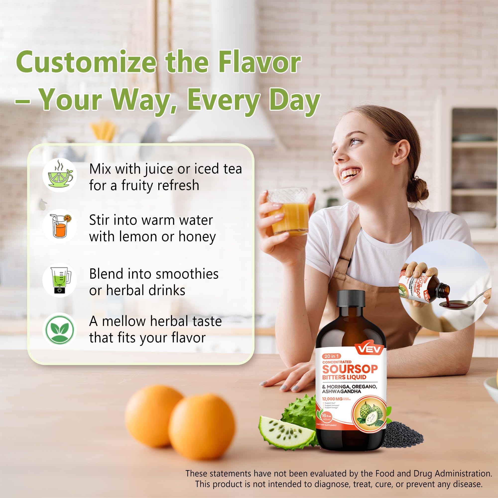 VEV Soursop Bitters ideal for mixing with tea or juice.