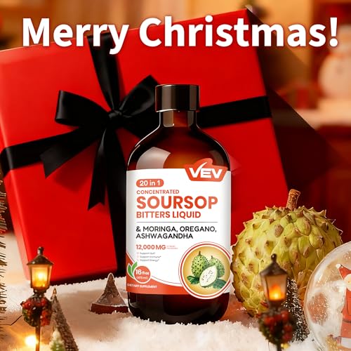 Illustration of herbal ingredients around VEV Soursop Bitters bottle for vitality.