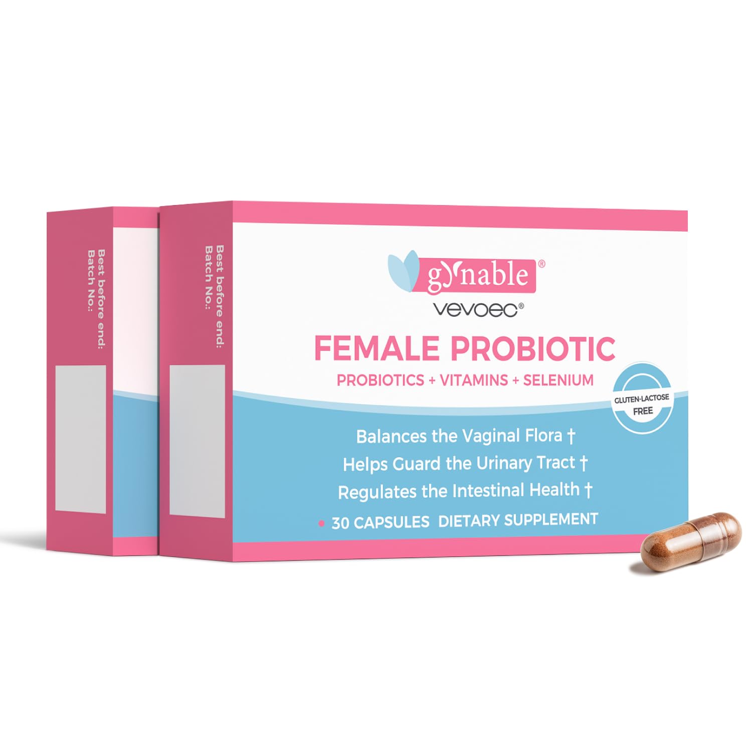 Vevoec Gynable bottle close-up showing label and dosage for daily vaginal health.