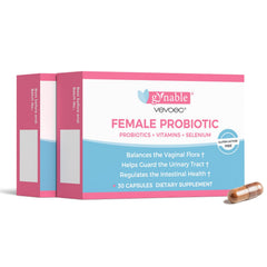 Vevoec Gynable bottle close-up showing label and dosage for daily vaginal health.