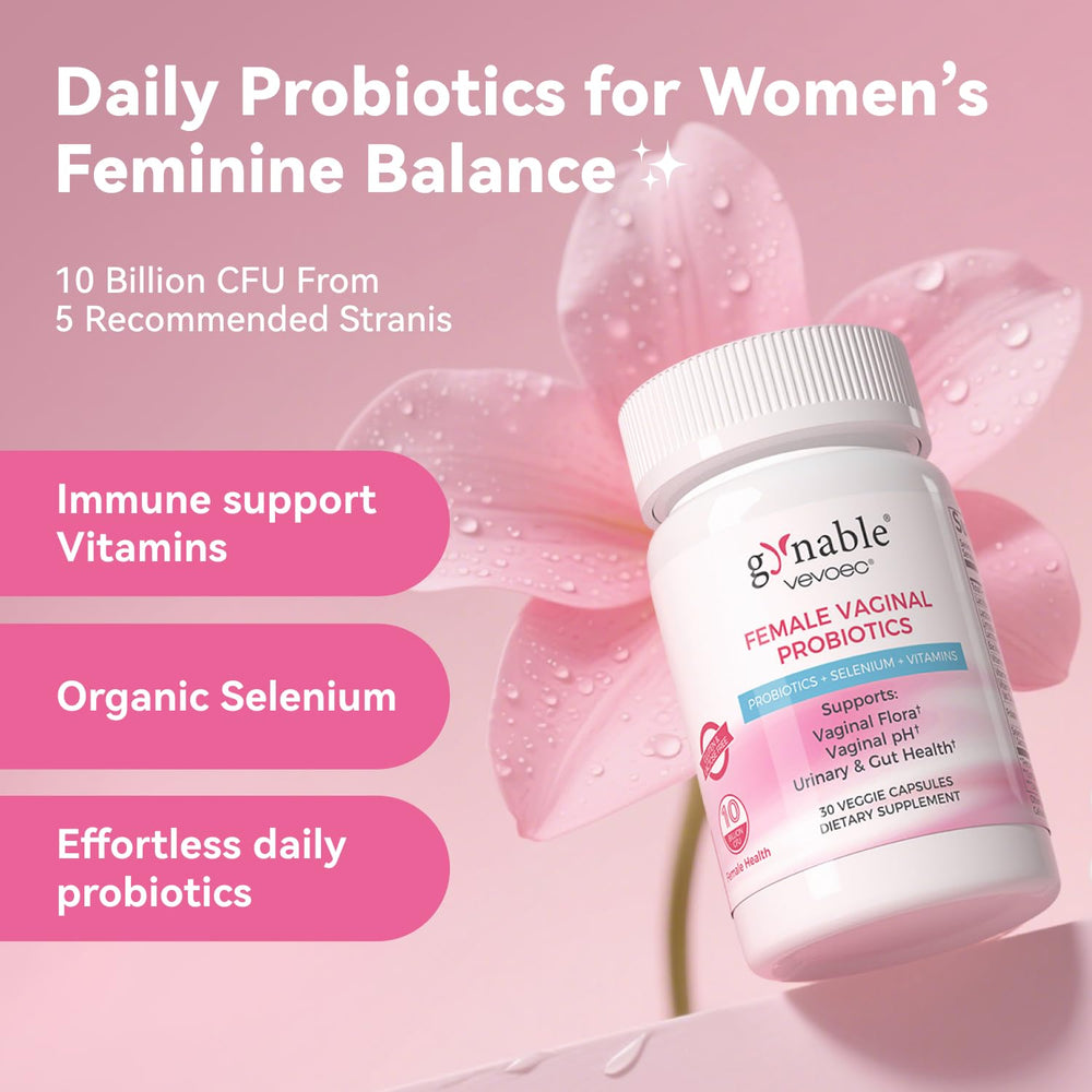 Vevoec Gynable capsules close-up highlighting 10B CFU for vaginal health.
