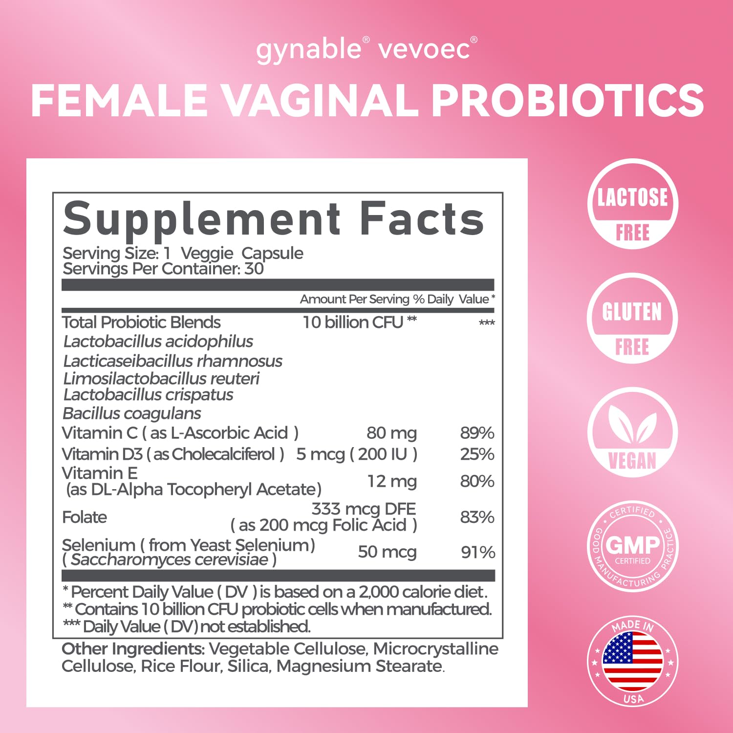 Vevoec Gynable ingredients panel with vitamins for immune support.