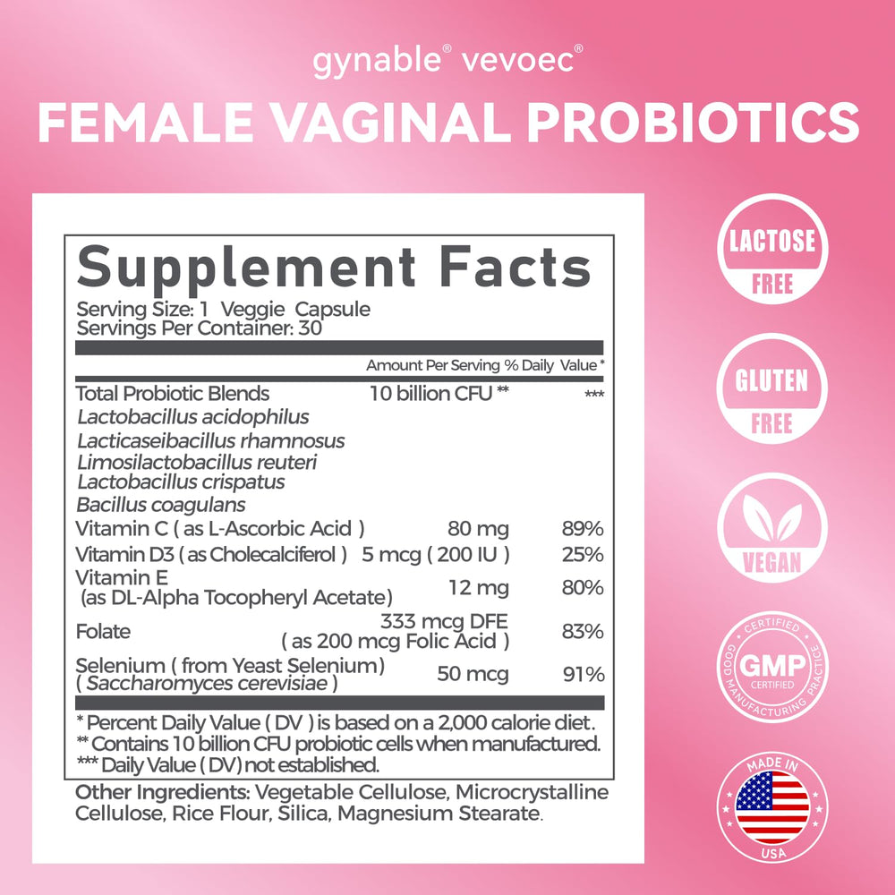 Vevoec Gynable ingredients panel with vitamins for immune support.