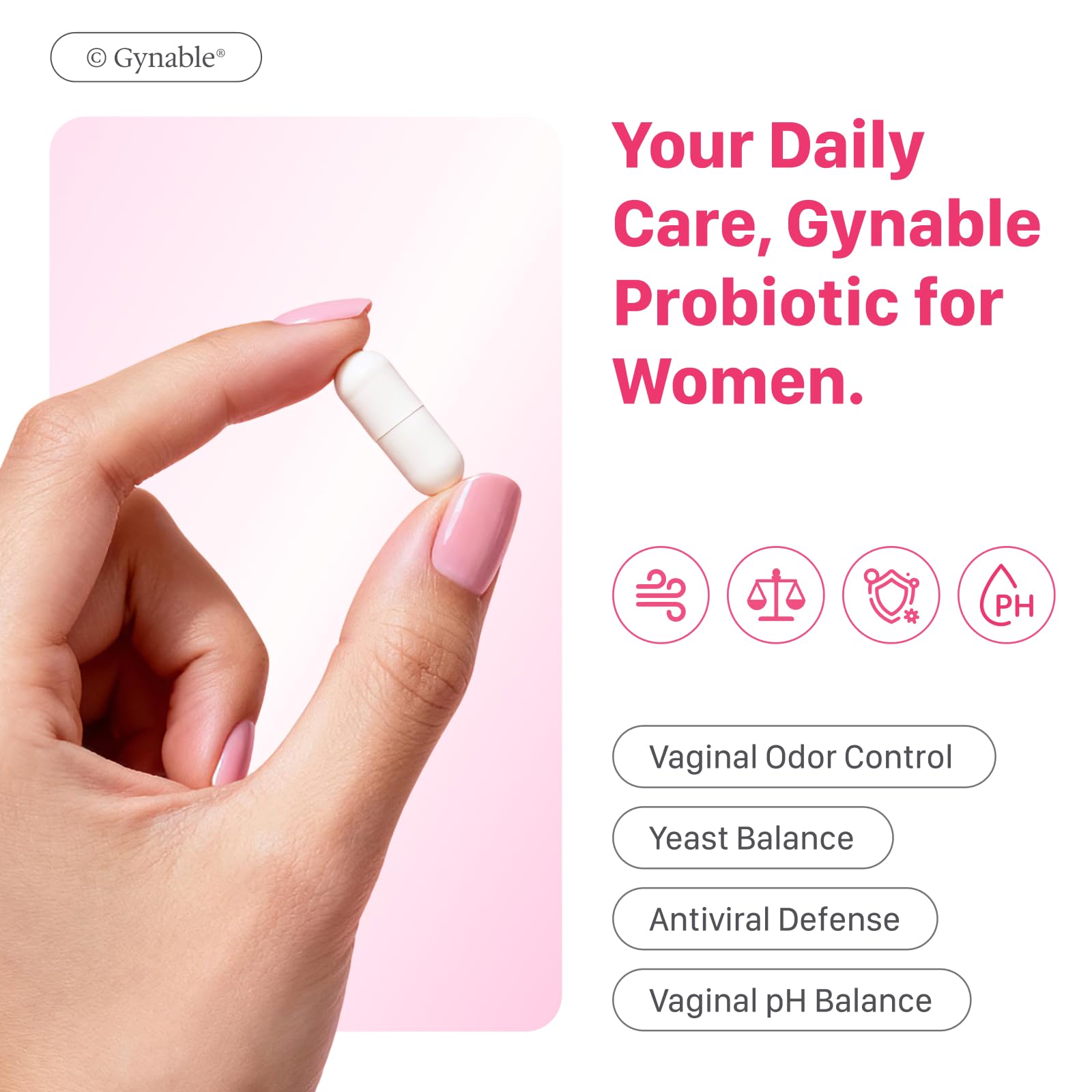 Vevoec Gynable label close-up showing Lactobacillus blend for vaginal flora support