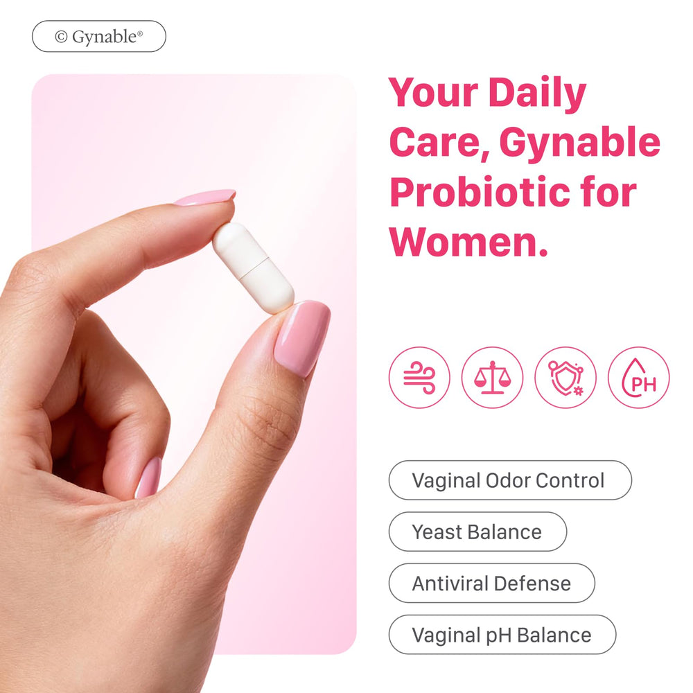 Vevoec Gynable label close-up showing Lactobacillus blend for vaginal flora support