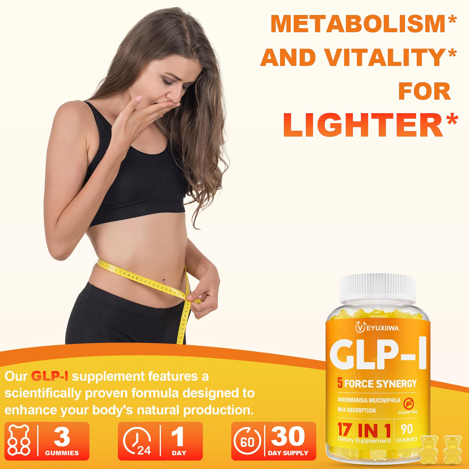 Front packaging communicates premium quality and everyday wellness with GLP-l gummies.