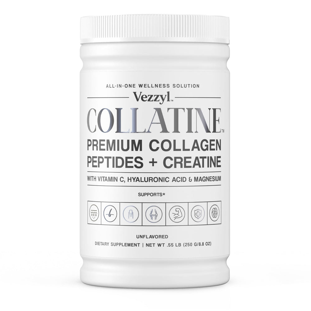 Vezzyl Collatine bottle label highlighting collagen blend for skin and joints.