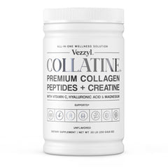 Vezzyl Collatine bottle label highlighting collagen blend for skin and joints.