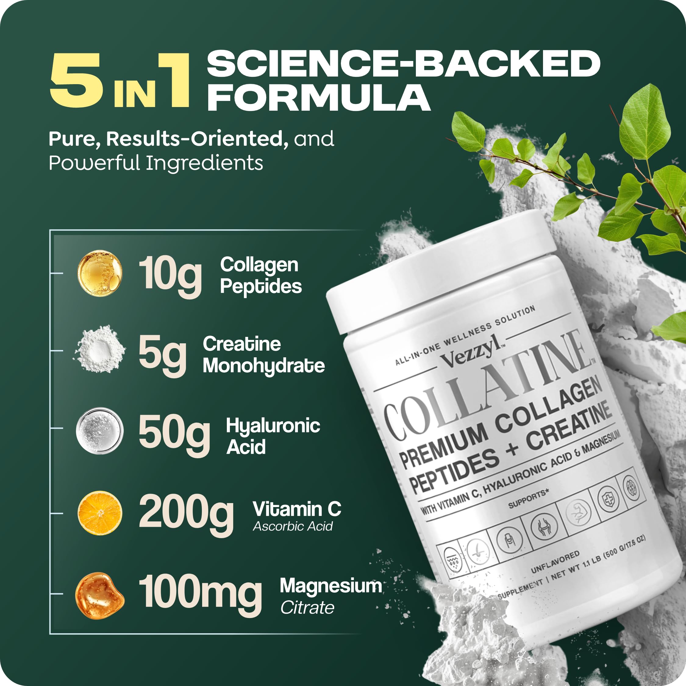 Vezzyl Collatine bottle pour showing easy dosing for daily collagen and creatine intake.