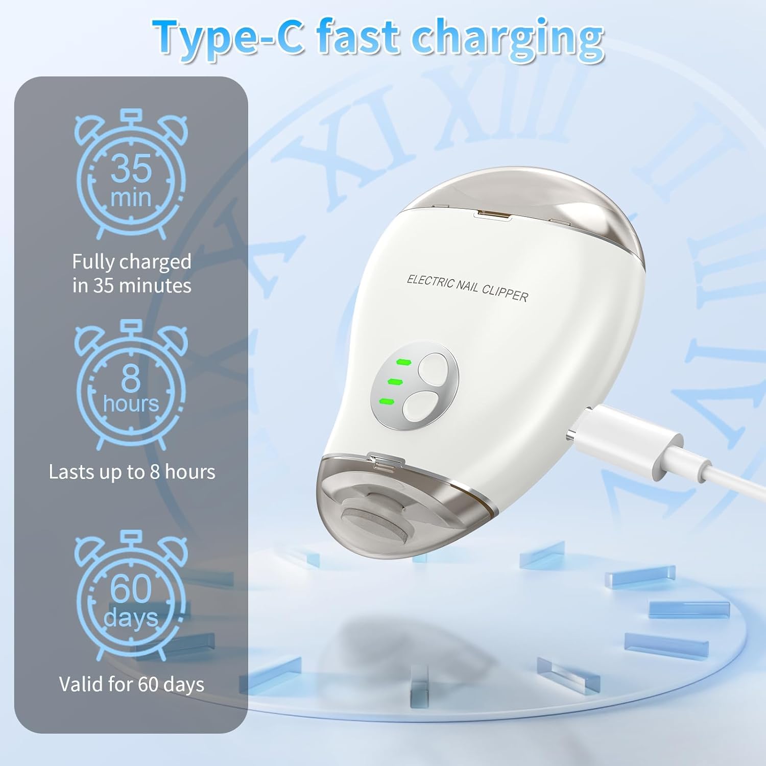 VGVR rechargeable nail clipper with 35-minute fast charge